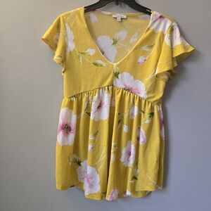 White Birch Womens Short Sleeve V Neck Floral Babydoll Shirt Top